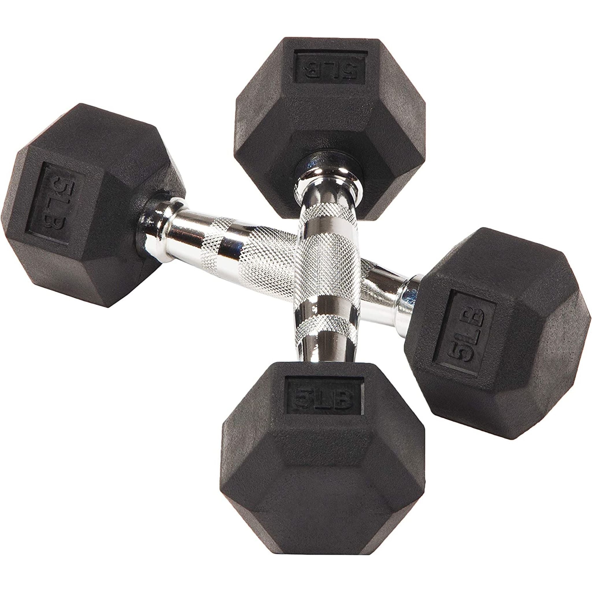 5Lb rubber hex dumbbells pair crossed over each other at Express Gym Supply