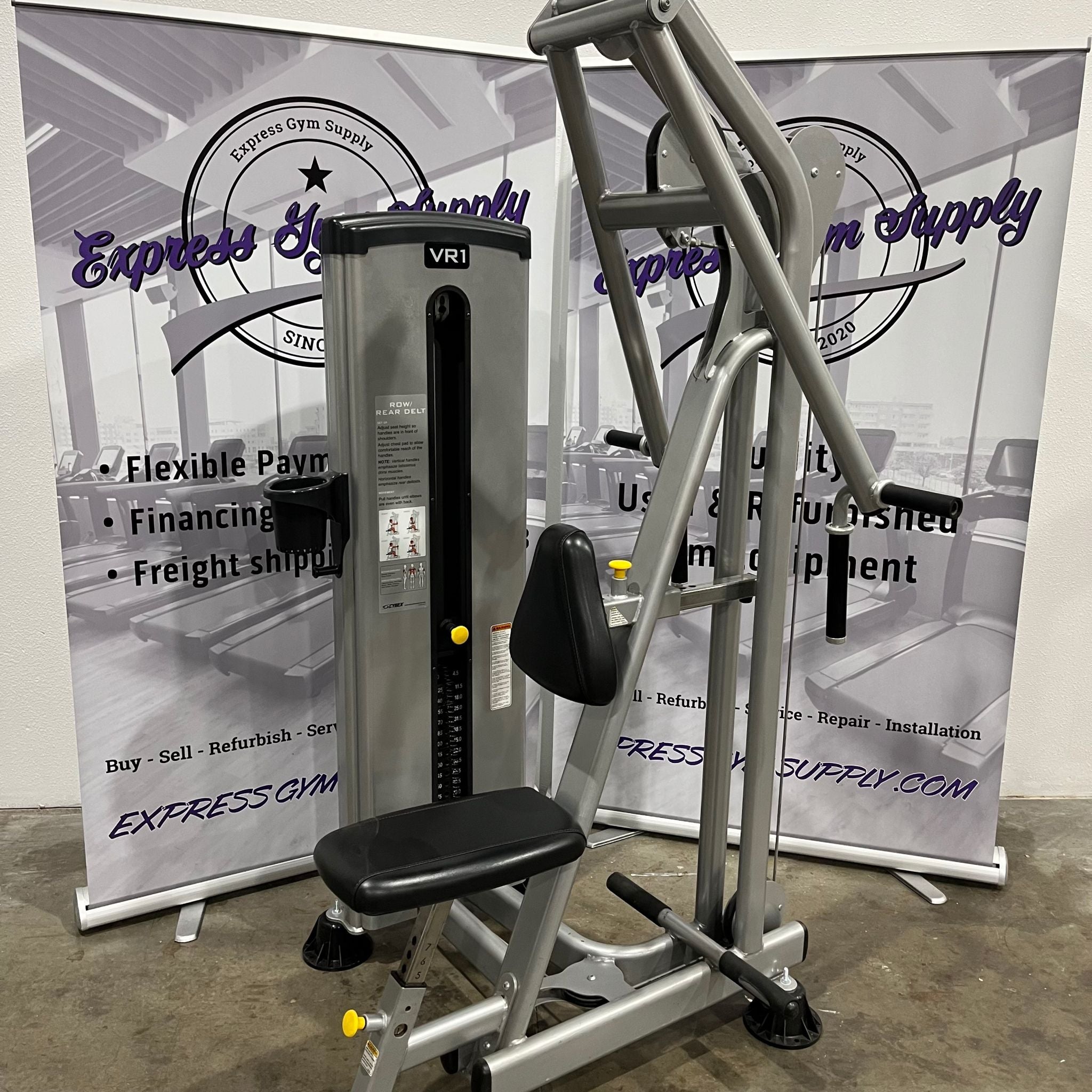 Front right view of the Cybex VR1 Row and Rear Delt Machine in Warehouse, Silver with black trim