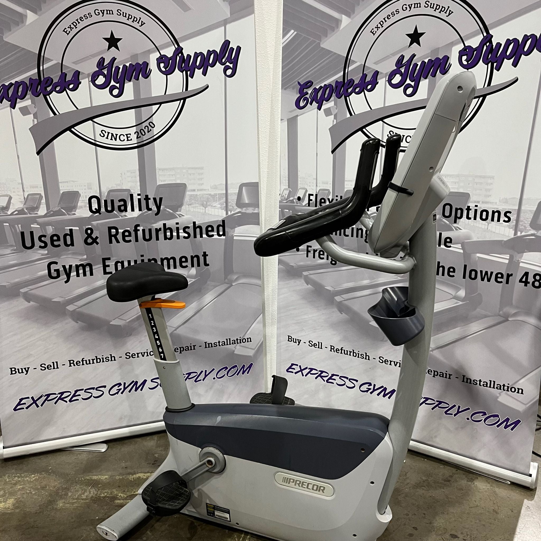 The right side view of the Precor UBK 885 Upright Bike With P80 Console in Warehouse