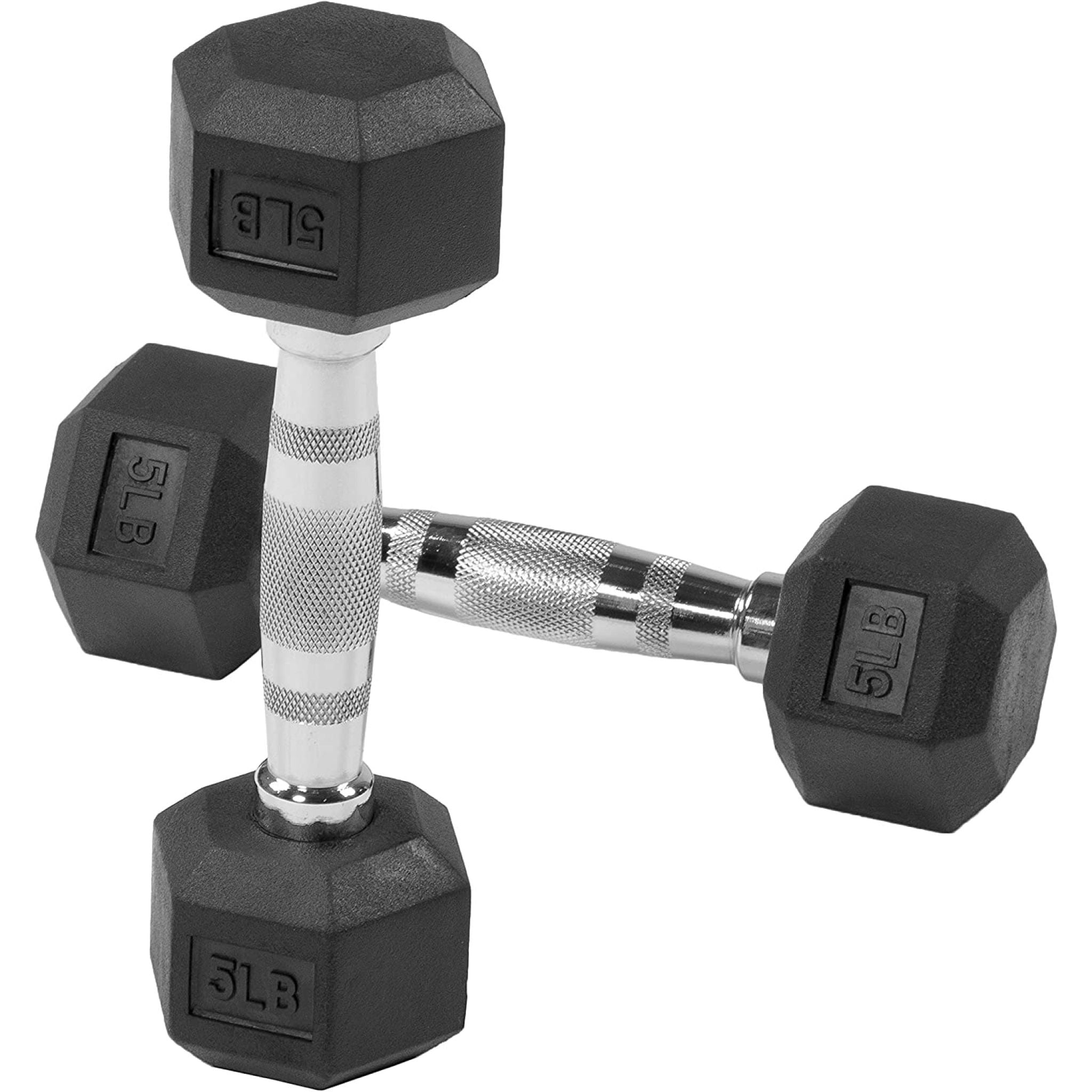 5Lb rubber hex dumbbells pair, one upright, at Express Gym Supply