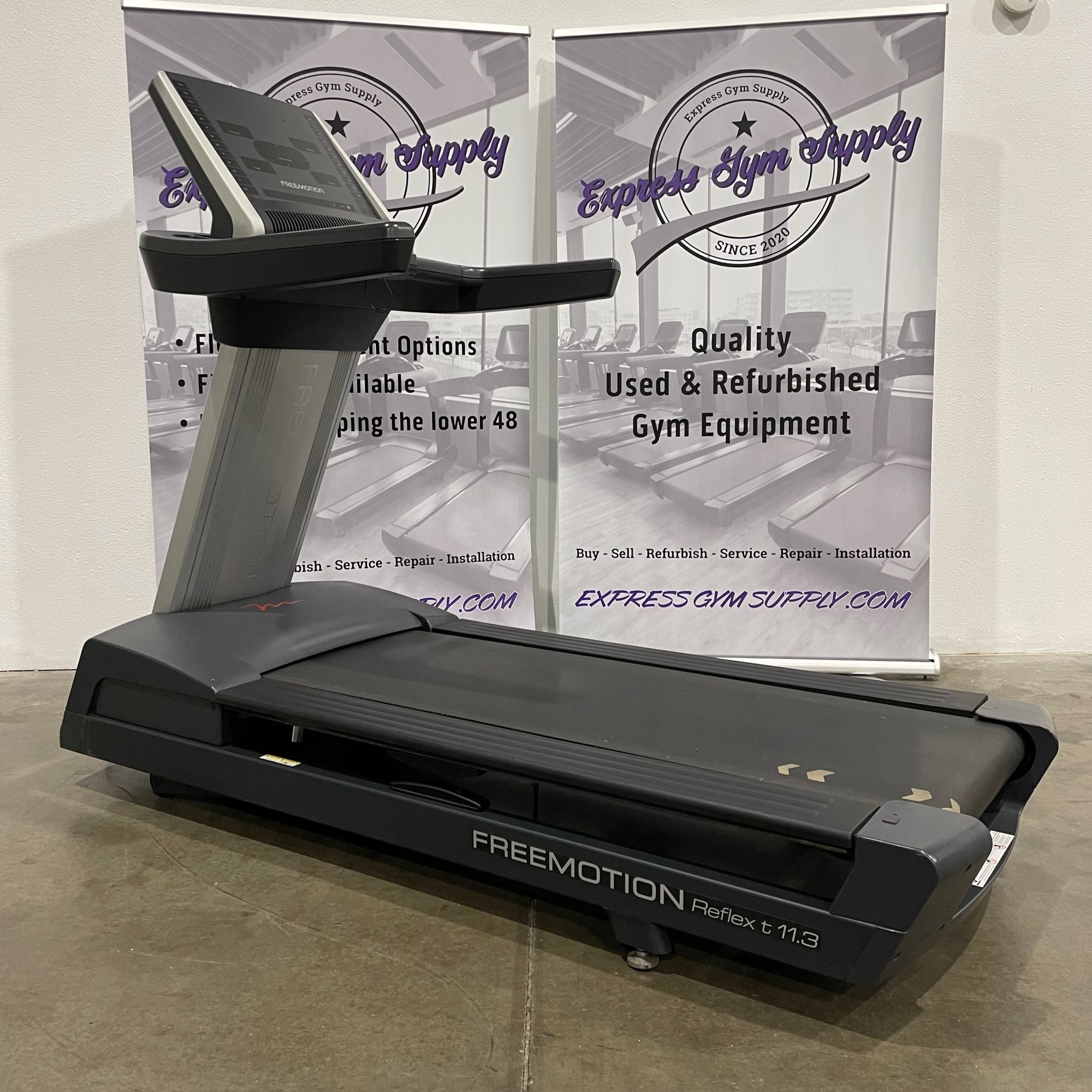 Front left view of the Freemotion Reflex t11.3 Treadmill in Warehouse