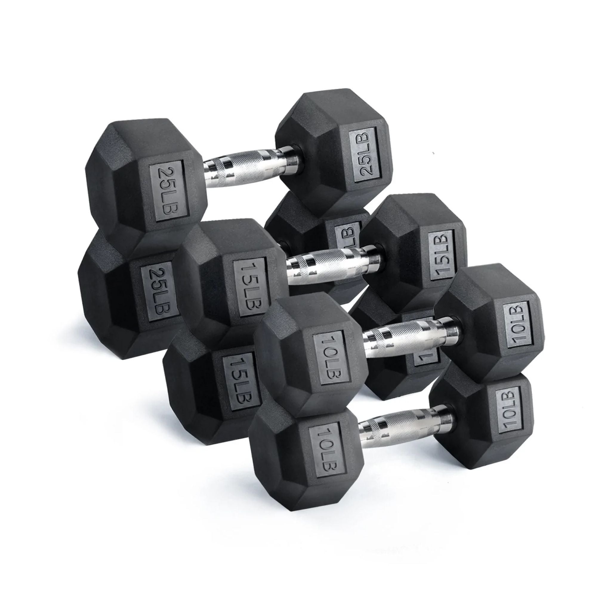 Stacked pairs of rubber hex dumbbells at Express Gym Supply