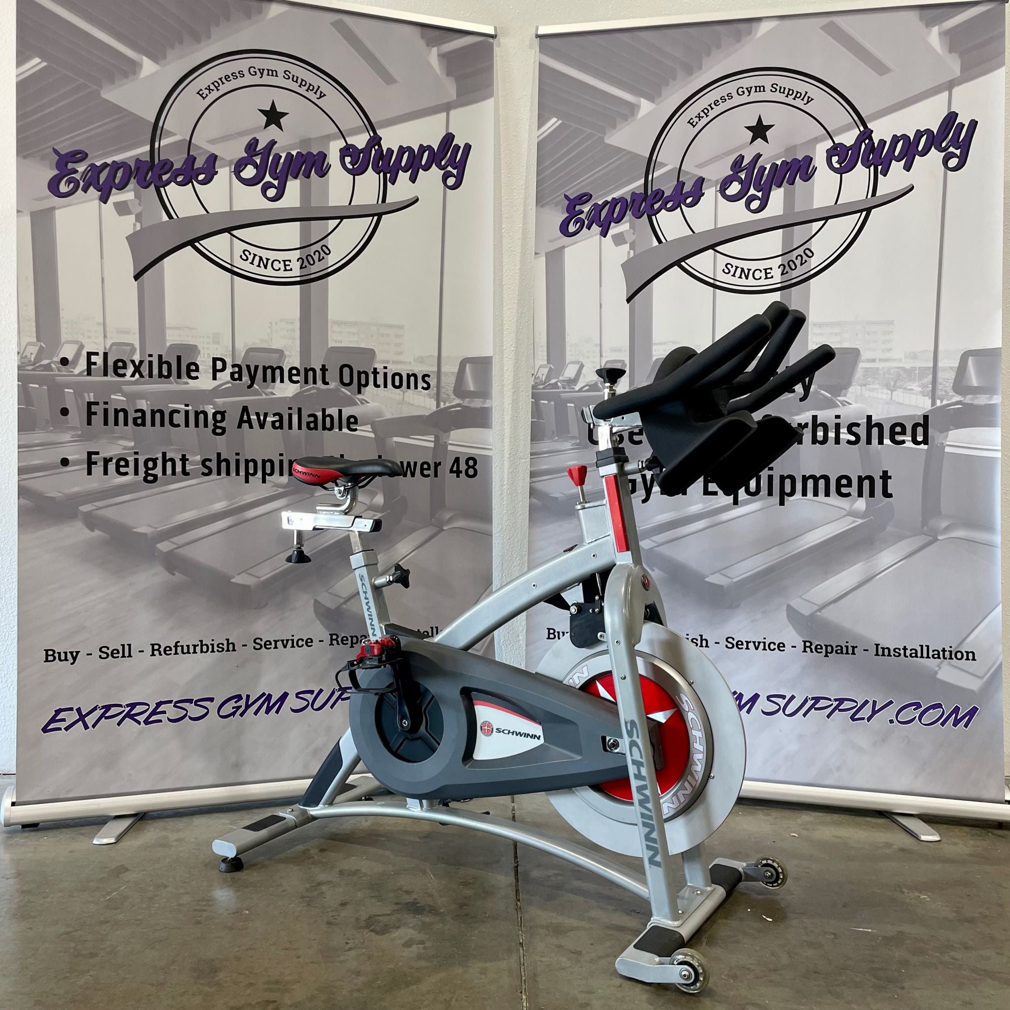 Front left view of the Schwinn A.C. Sport Indoor Cycle Trainer in Warehouse, Silver